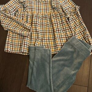 Plaid Ruffle Top and Corduroy Pants Set